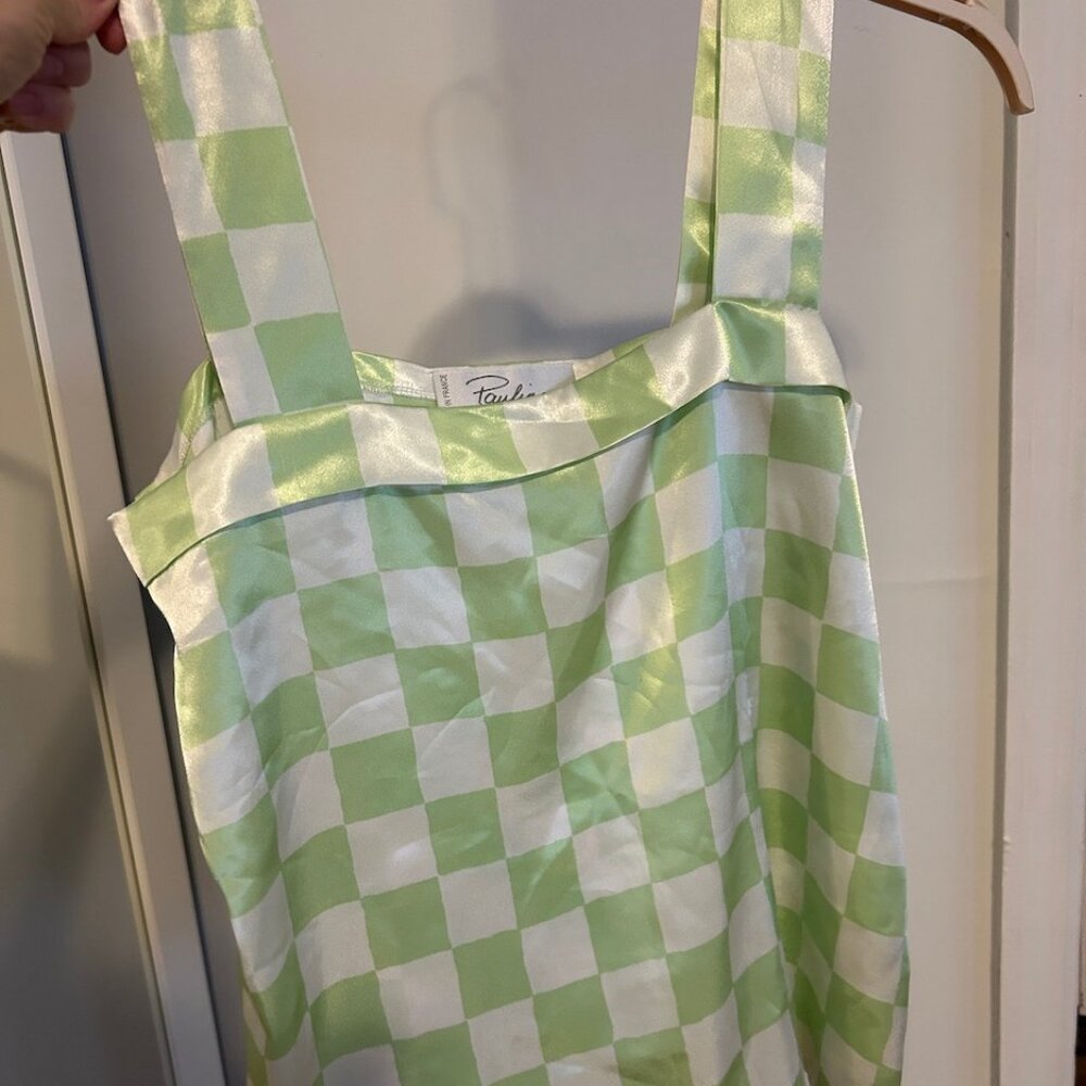 Vintage French Silky green & white checkerboard tank top - Size 6
